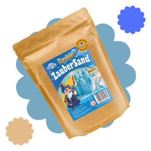 Produktverpackung von Sandolin Kinetischer Sand Blau mit Zauberer-Motiv und 1-kg-Angabe