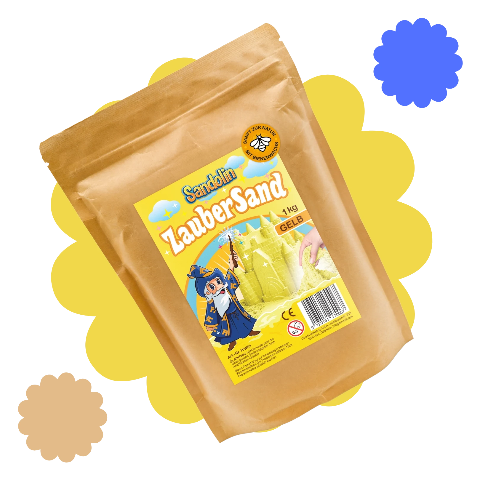 Sandolin Zaubersand in Gelb mit verspielter Produktverpackung, illustriertem Zauberer und Label „Sanft zur Natur mit Bienenwachs“