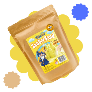 Sandolin Zaubersand in Gelb mit verspielter Produktverpackung, illustriertem Zauberer und Label „Sanft zur Natur mit Bienenwachs“