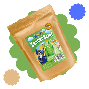 Produktverpackung von Sandolin Kinetischer Sand grün in der 1 kg Packung mit Zauberer-Illustration und Hinweis auf Bienenwachs als Bindemittel