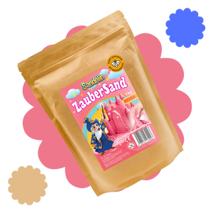 Sandolin Zaubersand rosa Beutel auf rosa Hintergrund mit verspielter Umrandung