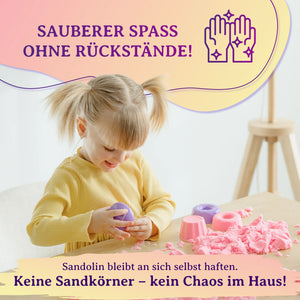 Mädchen in gelbem Kleid modelliert rosa kinetischen Sand mit bunten Förmchen