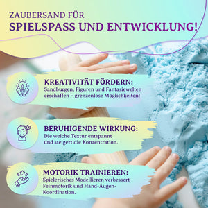 Nahaufnahme blauer Sand mit Icons und Text über Förderung von Motorik, Konzentration und Kreativität