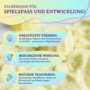 Infografik zu Zaubersand Gelb: Fördert Kreativität, entspannt durch weiche Textur und stärkt die Feinmotorik spielerisch