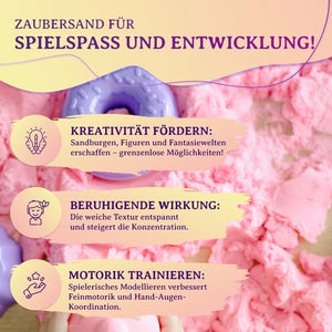 Rosa kinetischer Sand mit Spieltext und Symbolen für Kreativität, Konzentration und Motorik