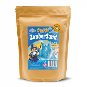 Fokus auf die Verpackung von Sandolin Zaubersand Blau mit 1 kg und Bienenwachs-Siegel