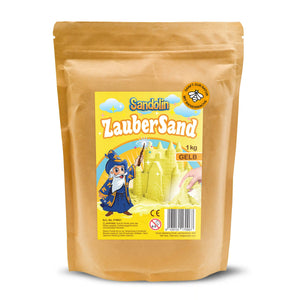 Produktfoto von Sandolin Kinetischer Sand Gelb im wiederverschließbaren Beutel mit 1 kg Zaubersand und Aufdruck „Mit Bienenwachs“