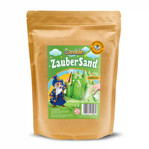 Standbeutel mit Sandolin Kinetischer Sand grün 1 kg mit farbenfrohem Etikett für Kinder ab 3 Jahren geeignet