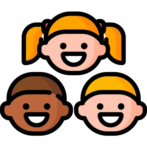 Symbol mit drei fröhlichen Kindern. Steht für gemeinsamen Spielspaß mit dem formbaren Spielsand von Sandolin.