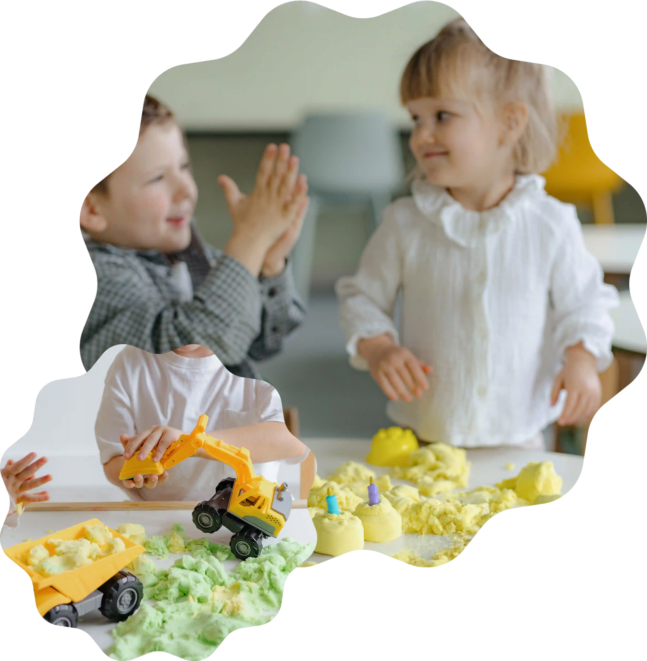 Kinder spielen mit Sandolin Zaubersand in Gelb und Grün, formen Figuren und nutzen Spielzeug-Bagger am Tisch.