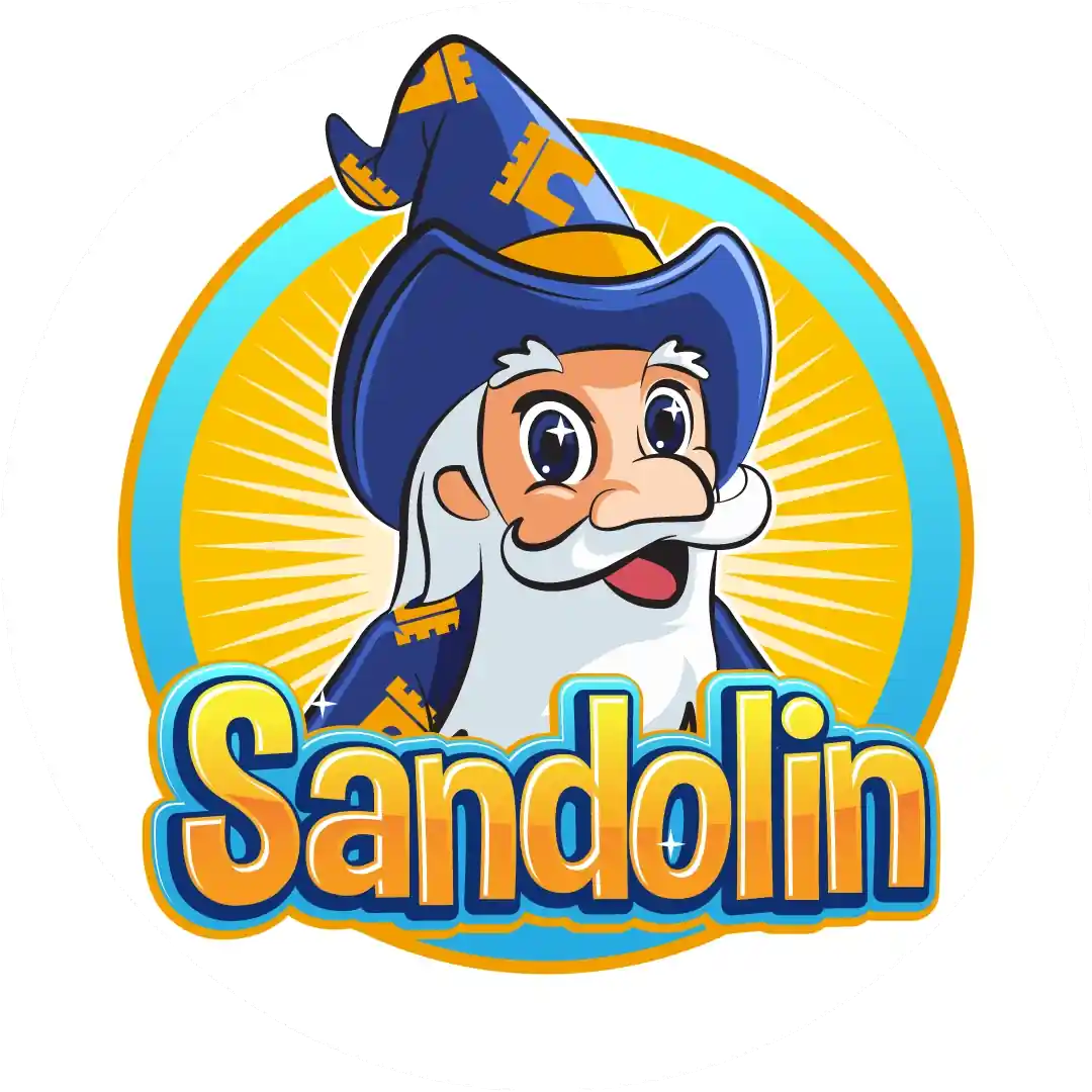 Sandolin Logo mit Zauberer-Maskottchen und gelbem Schriftzug, Symbol für den magischen Zaubersand.