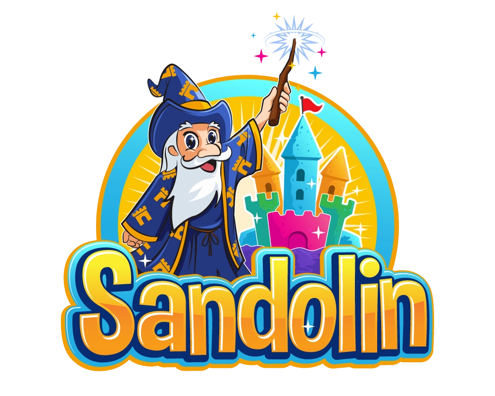 Sandolin Logo mit Zauberer, bunter Sandburg und Schriftzug Sandolin für Zaubersand und magischen Spielsand.