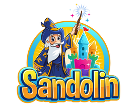 Sandolin Logo mit Zauberer, bunter Sandburg und Schriftzug Sandolin für Zaubersand und magischen Spielsand.