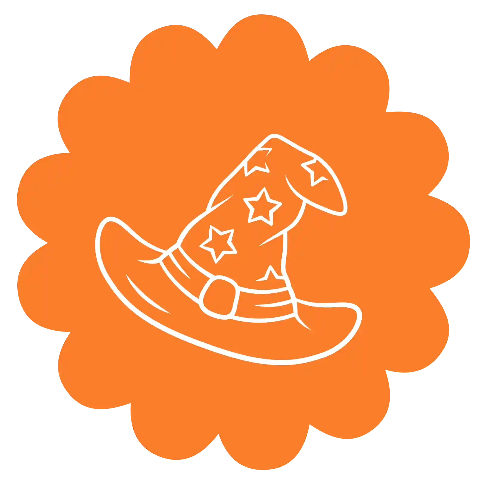 Weißes Magierhut-Symbol mit Sternen auf orangem Hintergrund.